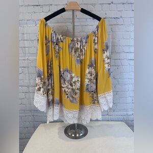 Yellow Floral Off-Shoulder Blouse with Lace Trim